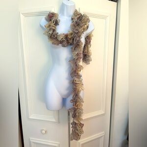 cream, beige, and tan ruffle knit scarf